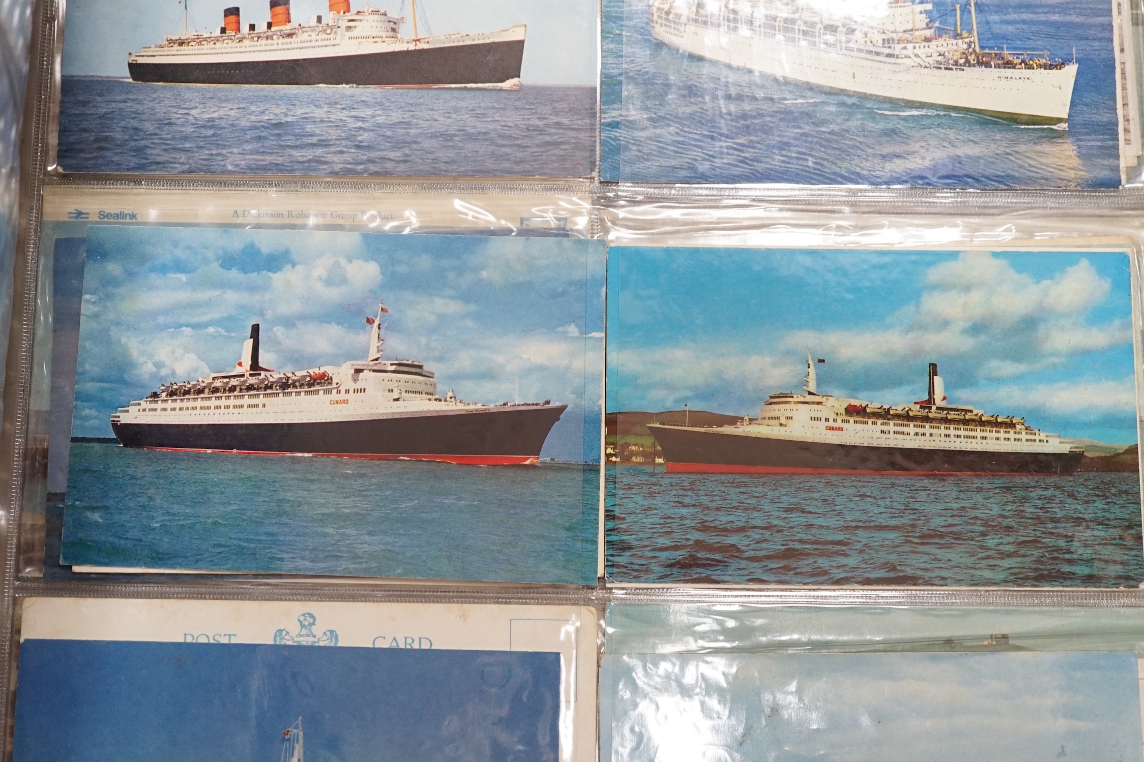 Three postcard albums with postcards relating to ships, royalty, art, trains, buses, motorcycles etc